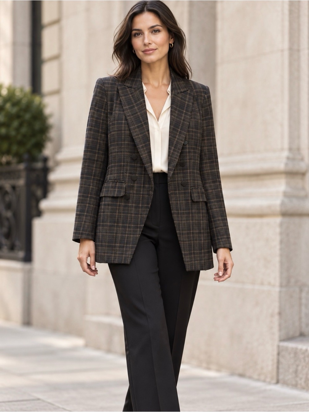 Rachel Zoe Plaid Double Breasted Longline Blazer Charcoal Brown Workwear